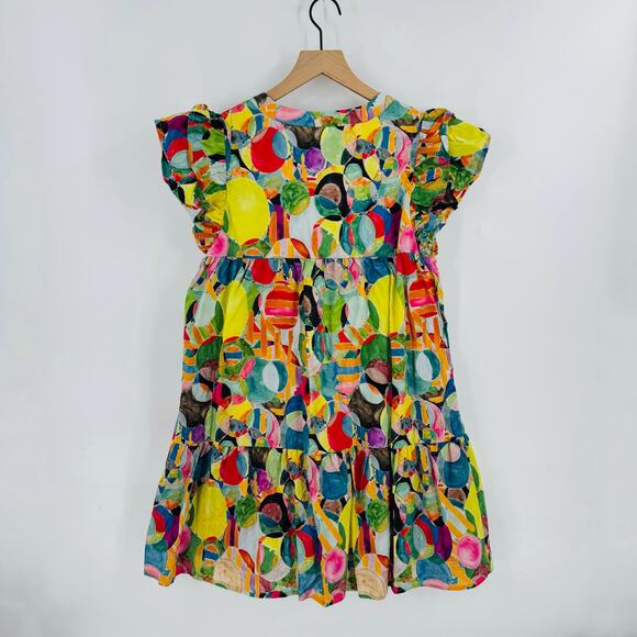 TCEC Vibrant Abstract A-Line Cotton Dress Colorful Tiered Mini Ruffle Size L - Picture 2 of 9